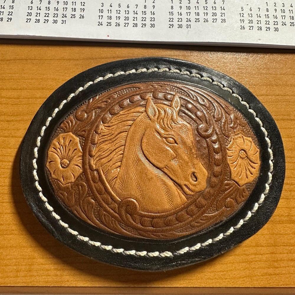 Vintage Tooled Leather Horse Belt Buckle